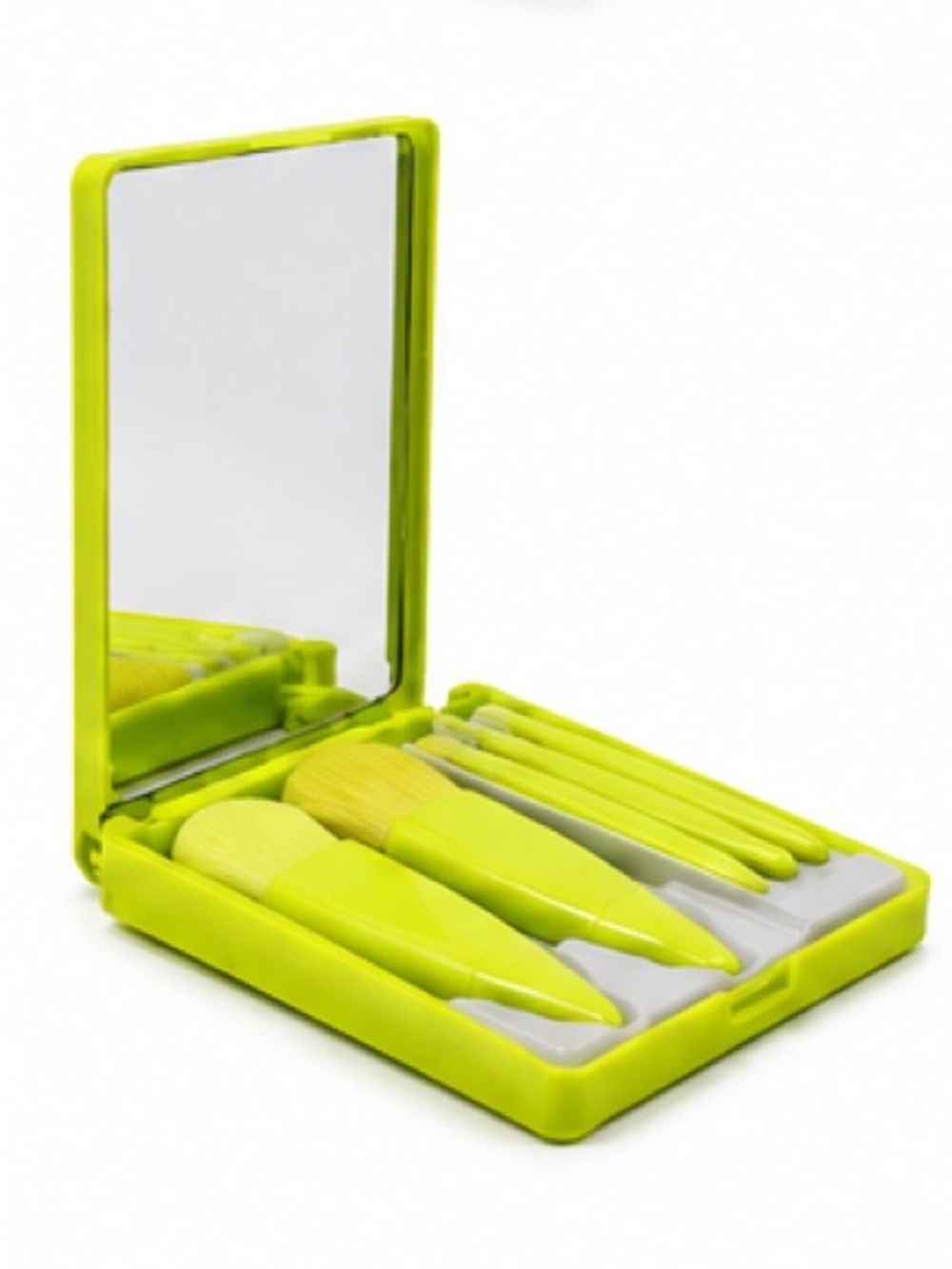 NEW - Neon Green 5-Piece Travel Makeup Brush Set w/ Mirror Compact Travel Can